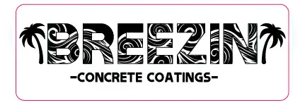 Text logo reading "Breezin Concrete Coatings" with palm tree silhouettes on each side and a swirl pattern inside the letters, capturing the essence of Oregon's vibrant landscape.