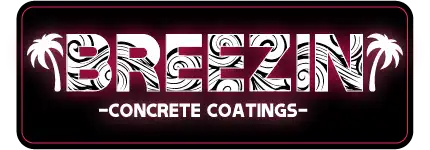 The "Breezin Concrete Coatings" logo boasts stylized text with abstract swirl patterns inside the letters and palm tree graphics on each side, set against a dark background. Perfect for representing Oregon's vibrant spirit in the concrete coating industry.