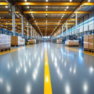 A large industrial warehouse interior in Oregon, featuring polished concrete-coated floors, stacked pallets, towering shelves, and bright overhead lighting. Yellow lines guide along the center walkway.