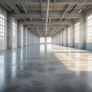 A large empty industrial warehouse in Oregon features a polished concrete floor, enhanced by a durable concrete coating. With large windows on both sides and visible ceiling pipes and beams, sunlight streams in, creating a striking pattern of light and shadows.