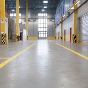 The interior of this empty industrial warehouse in Oregon showcases a polished concrete floor, marked with yellow lines. The space features high ceilings, large windows, and multiple loading bay doors, all perfectly enhanced by durable concrete coating for long-lasting quality.