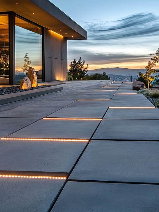 Modern house in Oregon with large windows, a concrete-coated stone pathway lit with embedded lights, and a view of a sunset over distant hills.