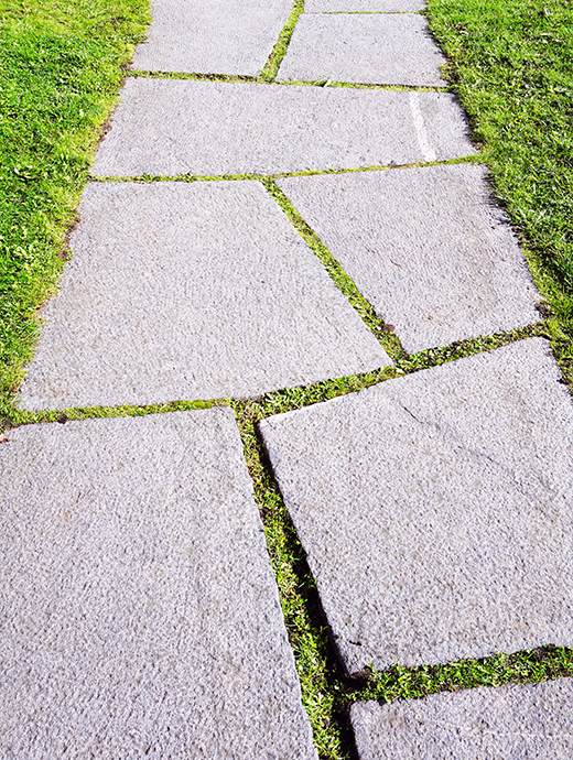 A stone path with large rectangular pavers set in grass winds through an Oregon garden, enhanced by a subtle concrete coating that adds both durability and charm.